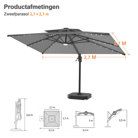 Patioslife Aegis Pro Cantilever Parasol met LED Verlichting, Versterkte Aluminium Ribben en Paal met Poedercoating — Perfect voor Tuin en Patio