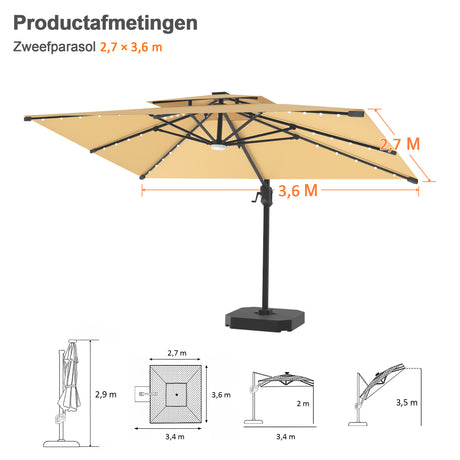 Patioslife Aegis Pro Cantilever Parasol met LED Verlichting, Versterkte Aluminium Ribben en Paal met Poedercoating — Perfect voor Tuin en Patio