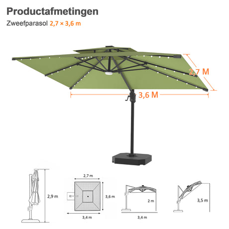 Patioslife Aegis Pro Cantilever Parasol met LED Verlichting, Versterkte Aluminium Ribben en Paal met Poedercoating — Perfect voor Tuin en Patio