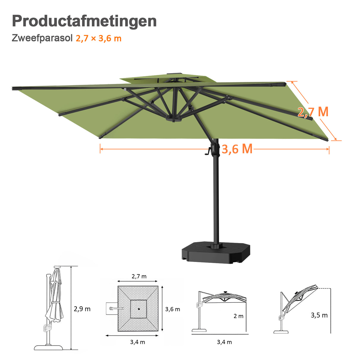 Patioslife Aegis Pro™ Cantilever Parasol met Kruisvoet — Robuust Frame en Poedergecoat Aluminium Paal voor Tuin en Terras