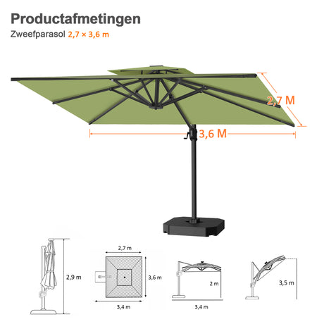 Patioslife Aegis Pro™ Cantilever Parasol met Kruisvoet — Robuust Frame en Poedergecoat Aluminium Paal voor Tuin en Terras