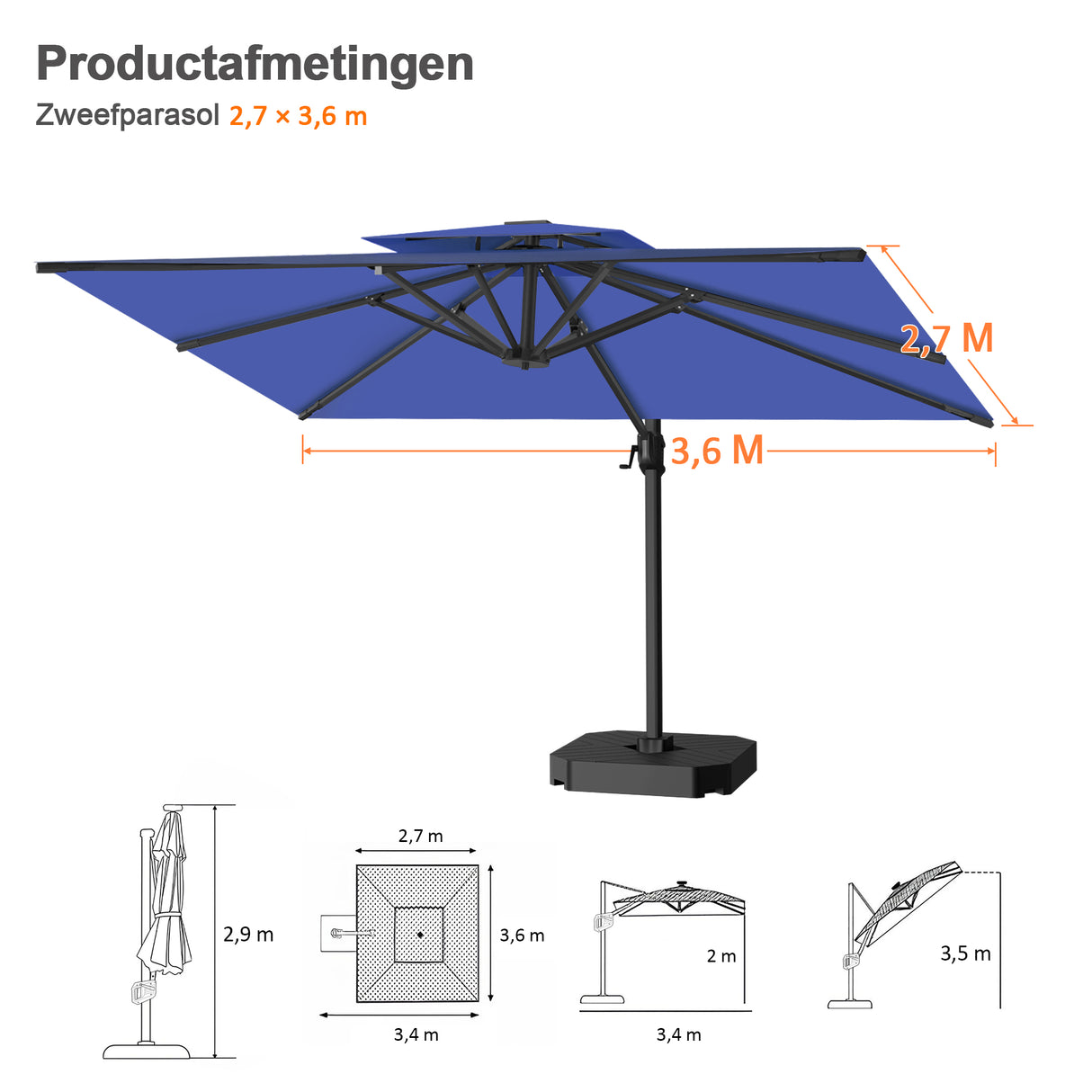 Patioslife Aegis Pro™ Cantilever Parasol met Kruisvoet — Robuust Frame en Poedergecoat Aluminium Paal voor Tuin en Terras