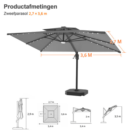 Patioslife Aegis Pro Cantilever Parasol met LED Verlichting, Versterkte Aluminium Ribben en Paal met Poedercoating — Perfect voor Tuin en Patio
