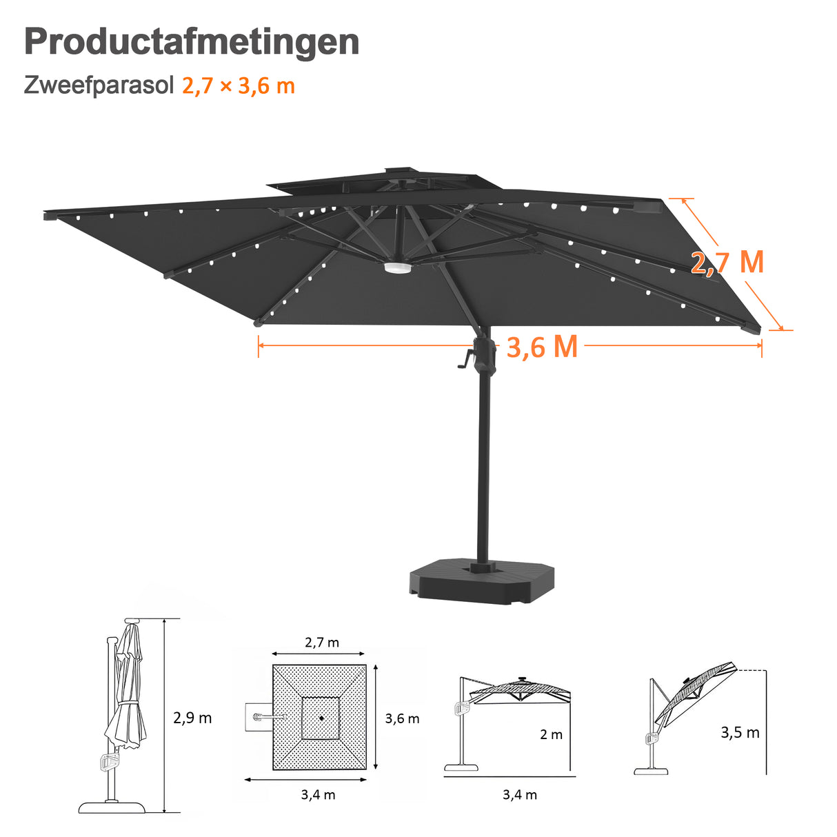 Patioslife Aegis Pro Cantilever Parasol met LED Verlichting, Versterkte Aluminium Ribben en Paal met Poedercoating — Perfect voor Tuin en Patio