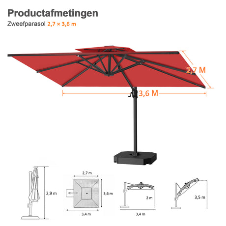 Patioslife Aegis Pro™ Cantilever Parasol met Kruisvoet — Robuust Frame en Poedergecoat Aluminium Paal voor Tuin en Terras
