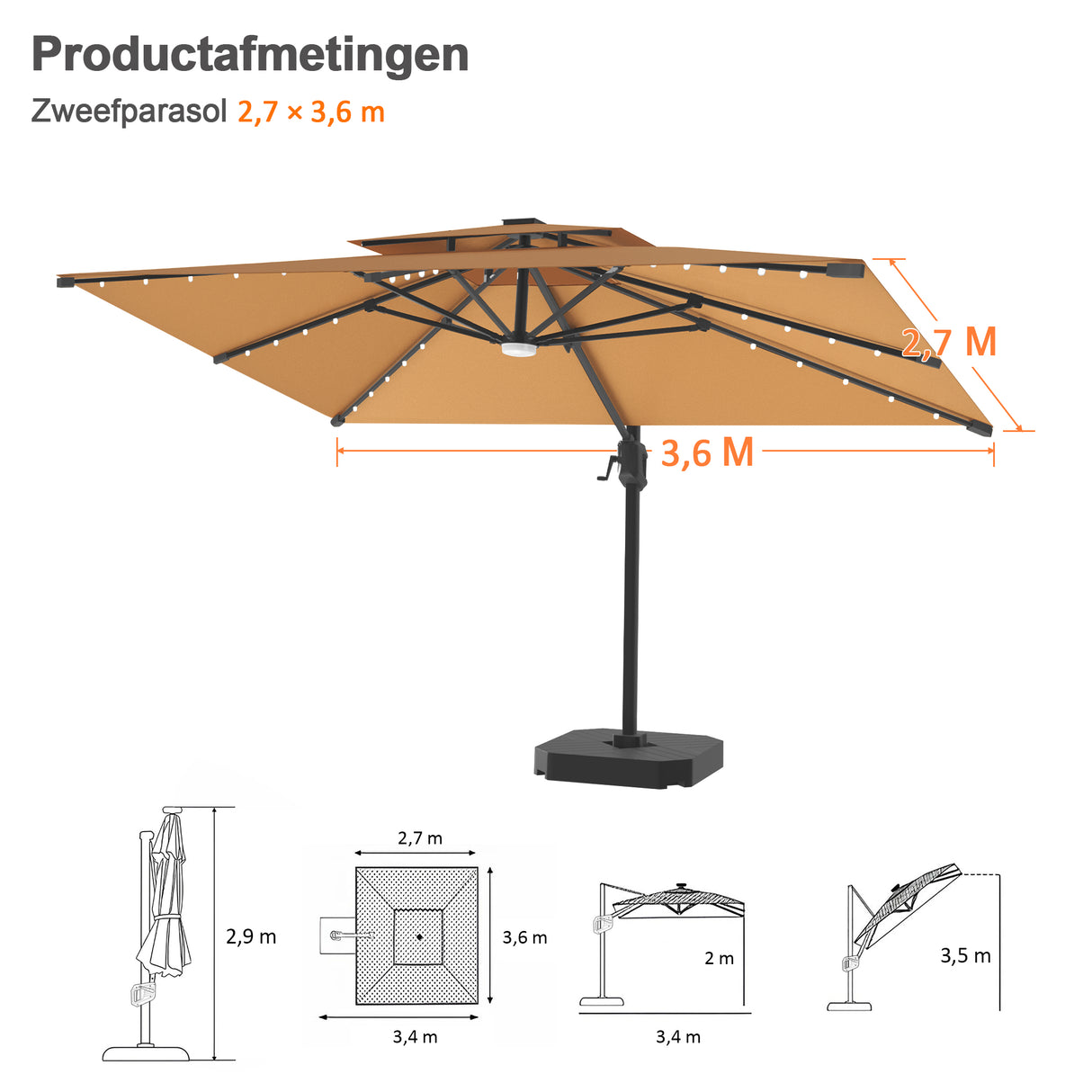 Patioslife Aegis Pro Cantilever Parasol met LED Verlichting, Versterkte Aluminium Ribben en Paal met Poedercoating — Perfect voor Tuin en Patio