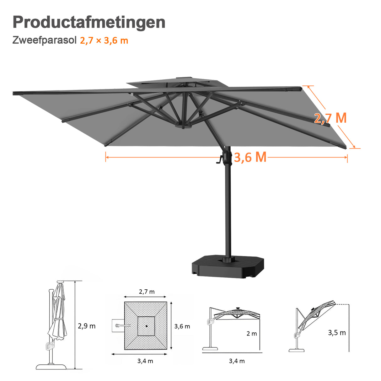 Patioslife Aegis Pro™ Cantilever Parasol met Kruisvoet — Robuust Frame en Poedergecoat Aluminium Paal voor Tuin en Terras