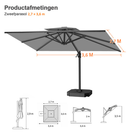 Patioslife Aegis Pro™ Cantilever Parasol met Kruisvoet — Robuust Frame en Poedergecoat Aluminium Paal voor Tuin en Terras