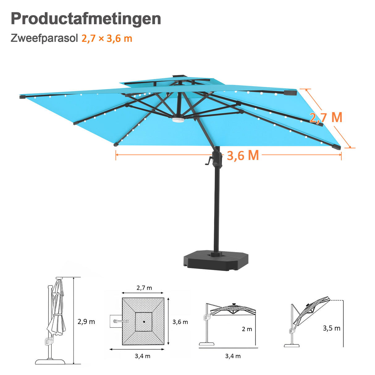 Patioslife Aegis Pro Cantilever Parasol met LED Verlichting, Versterkte Aluminium Ribben en Paal met Poedercoating — Perfect voor Tuin en Patio