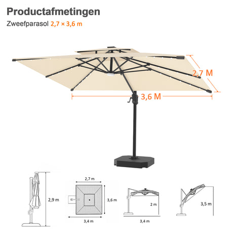 Patioslife Aegis Pro Cantilever Parasol met LED Verlichting, Versterkte Aluminium Ribben en Paal met Poedercoating — Perfect voor Tuin en Patio