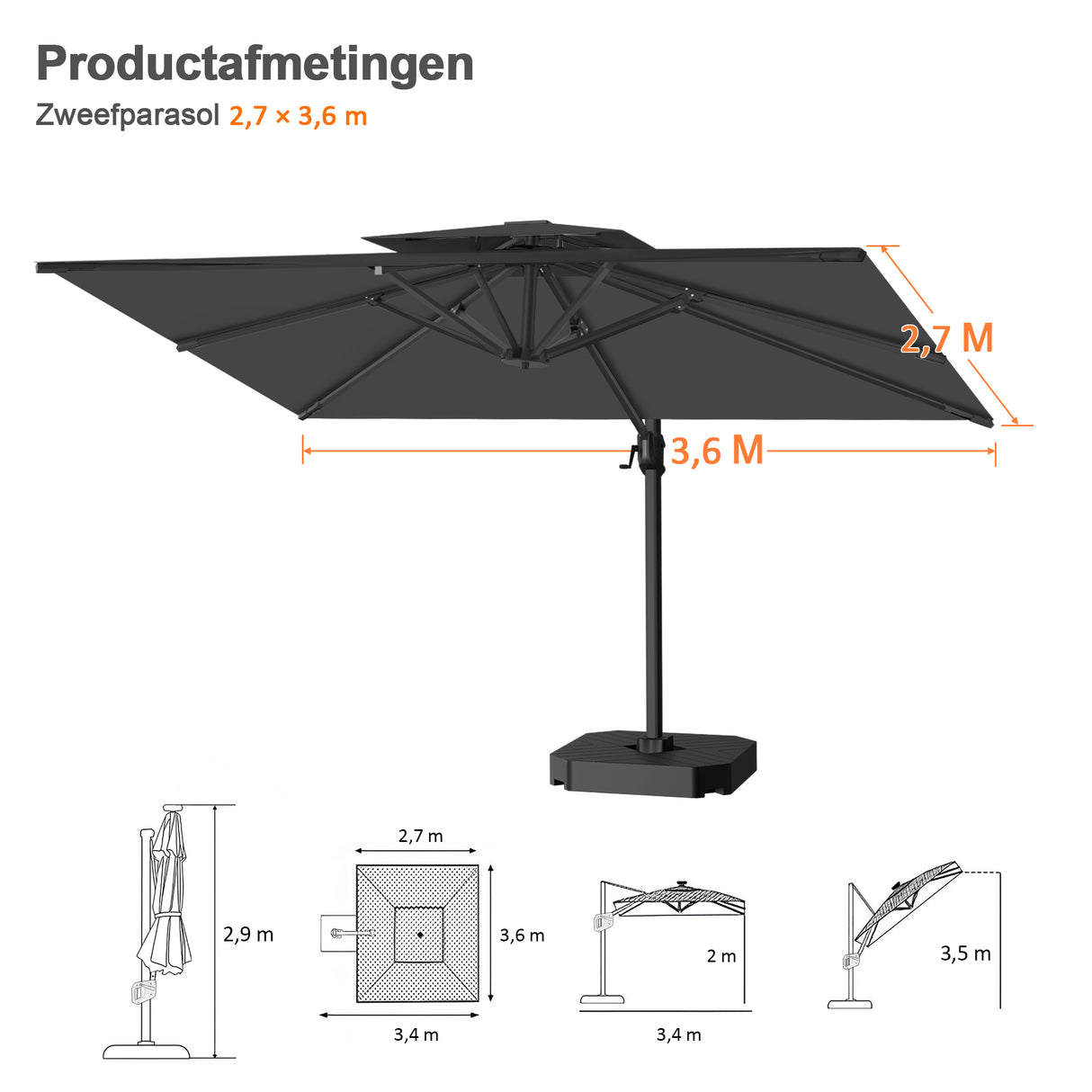 Patioslife Aegis Pro™ Cantilever Parasol met Kruisvoet — Robuust Frame en Poedergecoat Aluminium Paal voor Tuin en Terras
