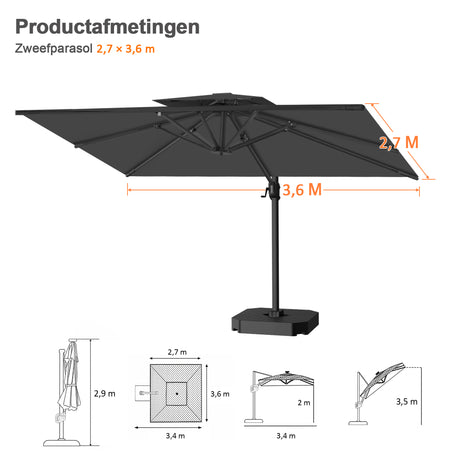 Patioslife Aegis Pro™ Cantilever Parasol met Kruisvoet — Robuust Frame en Poedergecoat Aluminium Paal voor Tuin en Terras