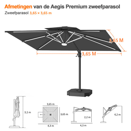 Patioslife Aegis Premium Cantilever Parasol met LED Verlichting, Glasvezel Ribs, Poedercoating Aluminium Stok & Beschermhoes — Luxe Tuin- en Terrasschaduw