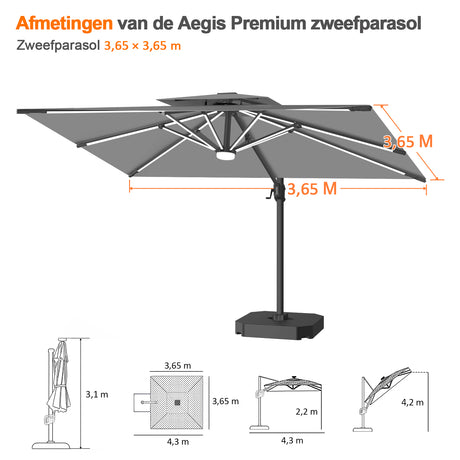 Patioslife Aegis Premium Cantilever Parasol met LED Verlichting, Glasvezel Ribs, Poedercoating Aluminium Stok & Beschermhoes — Luxe Tuin- en Terrasschaduw