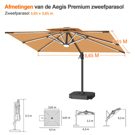 Patioslife Aegis Premium Cantilever Parasol met LED Verlichting, Glasvezel Ribs, Poedercoating Aluminium Stok & Beschermhoes — Luxe Tuin- en Terrasschaduw