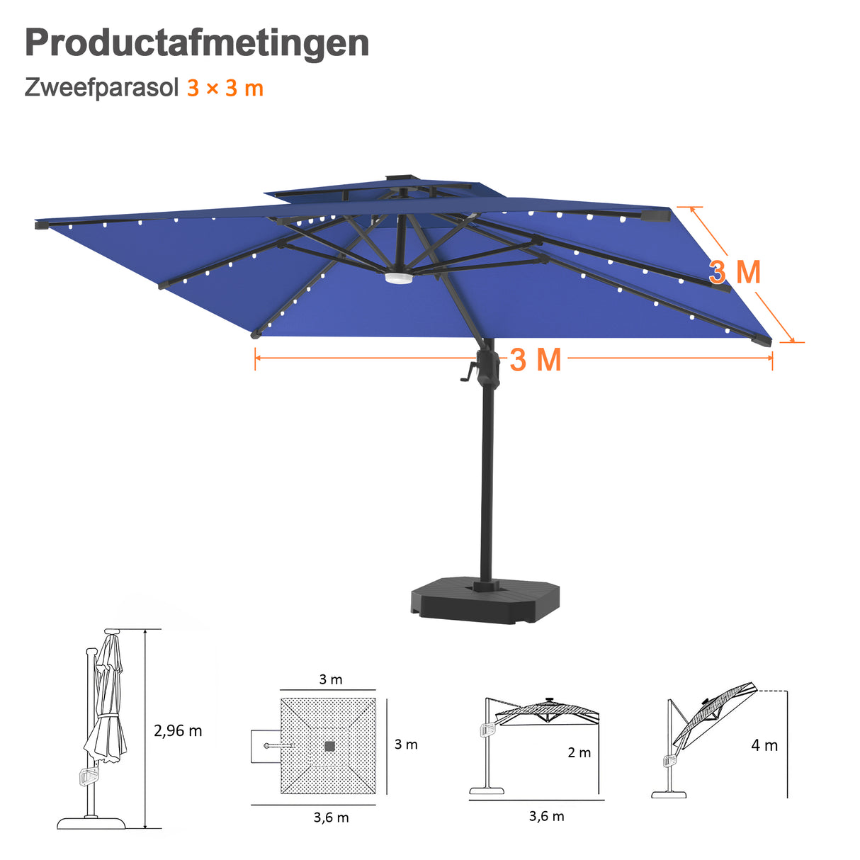 Patioslife Aegis Pro Cantilever Parasol met LED Verlichting, Versterkte Aluminium Ribben en Paal met Poedercoating — Perfect voor Tuin en Patio