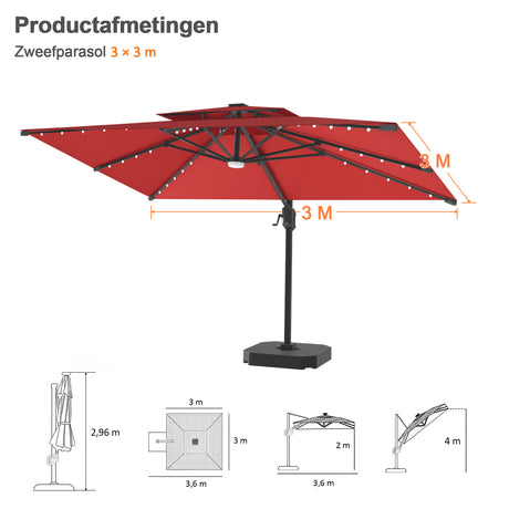 Patioslife Aegis Pro Cantilever Parasol met LED Verlichting, Versterkte Aluminium Ribben en Paal met Poedercoating — Perfect voor Tuin en Patio