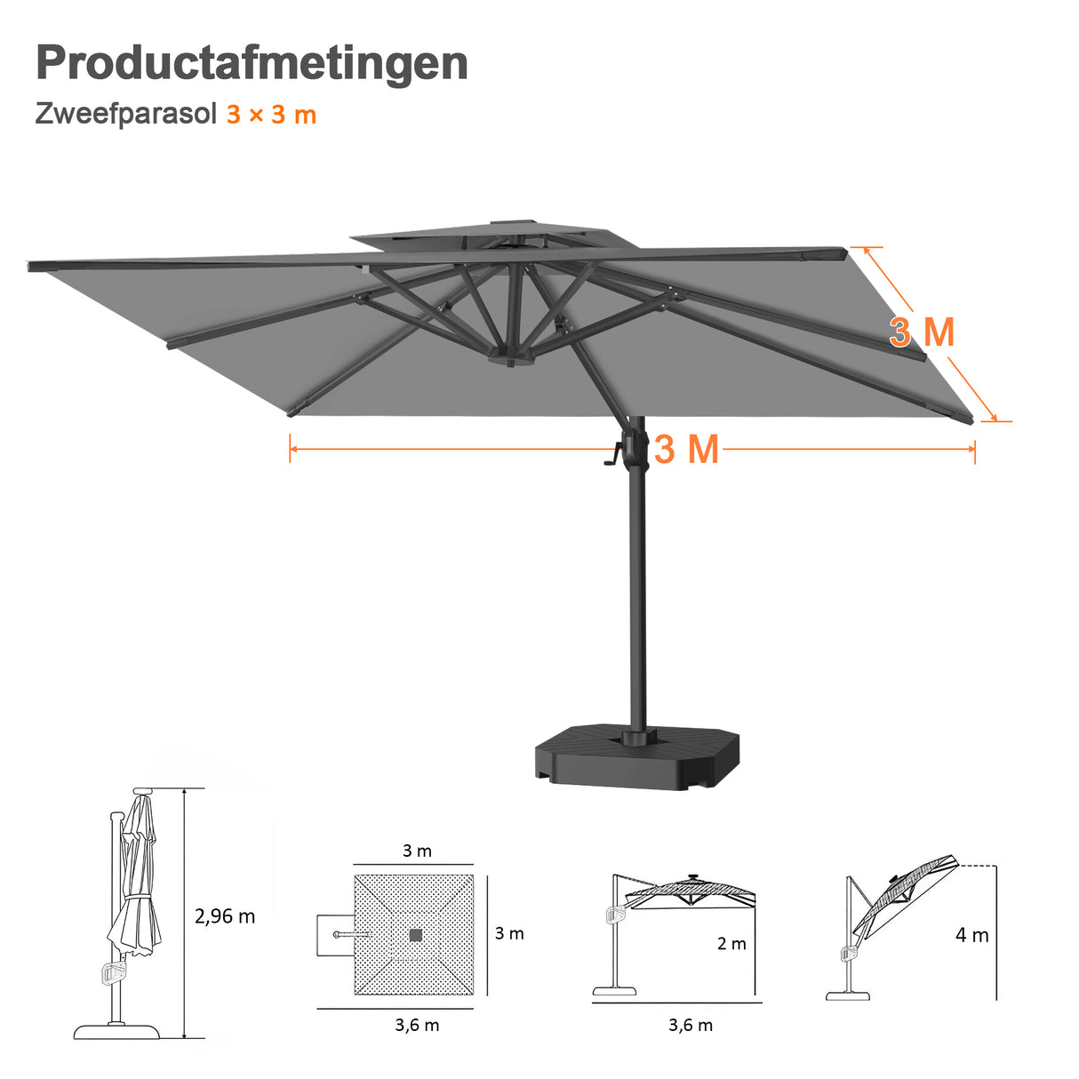 Patioslife Aegis Pro™ Cantilever Parasol met Kruisvoet — Robuust Frame en Poedergecoat Aluminium Paal voor Tuin en Terras