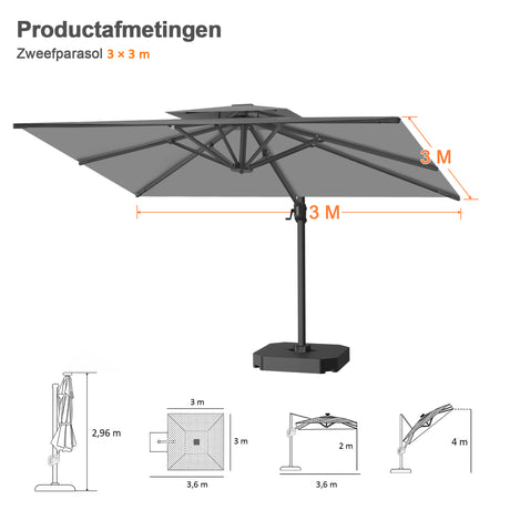 Patioslife Aegis Pro™ Cantilever Parasol met Kruisvoet — Robuust Frame en Poedergecoat Aluminium Paal voor Tuin en Terras