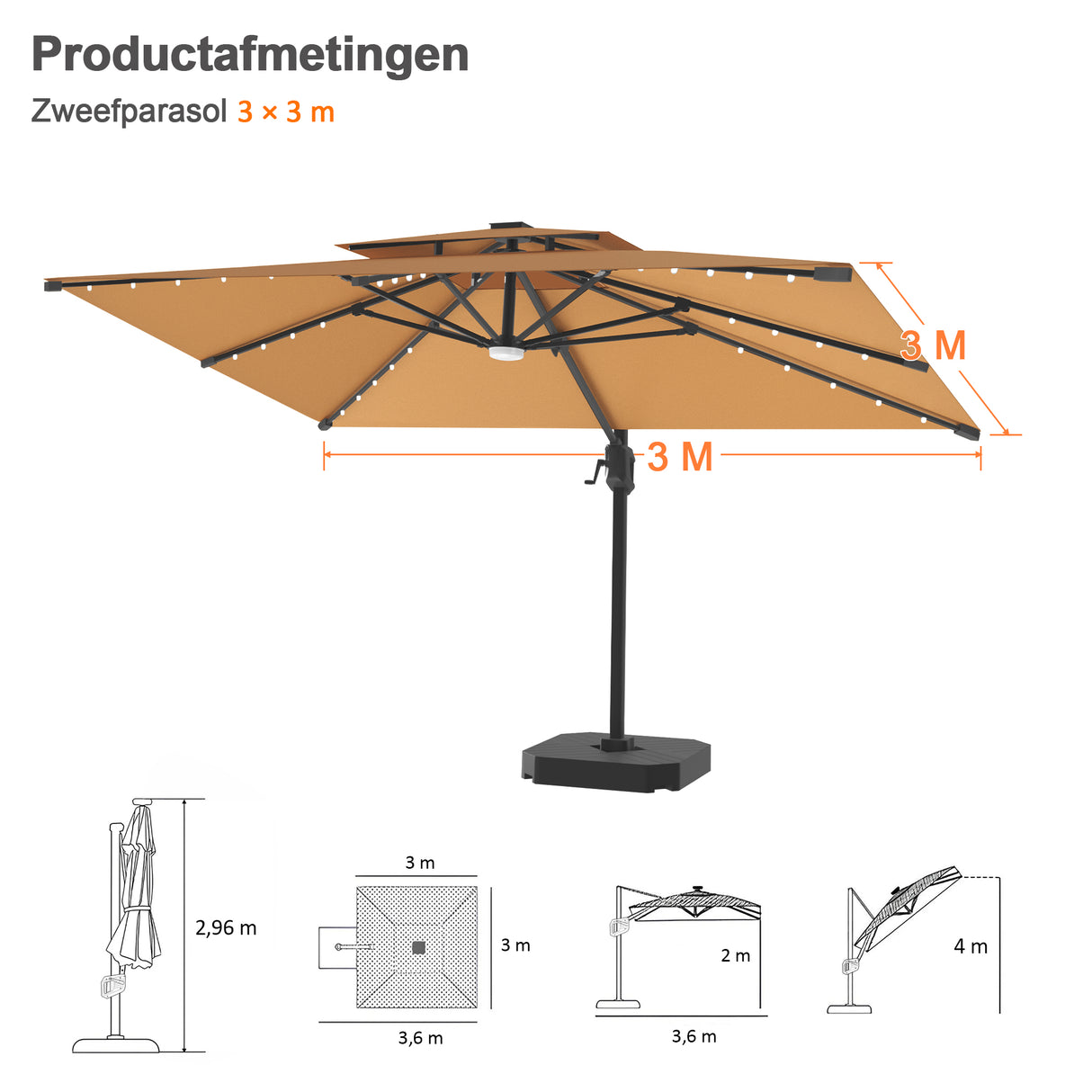 Patioslife Aegis Pro Cantilever Parasol met LED Verlichting, Versterkte Aluminium Ribben en Paal met Poedercoating — Perfect voor Tuin en Patio