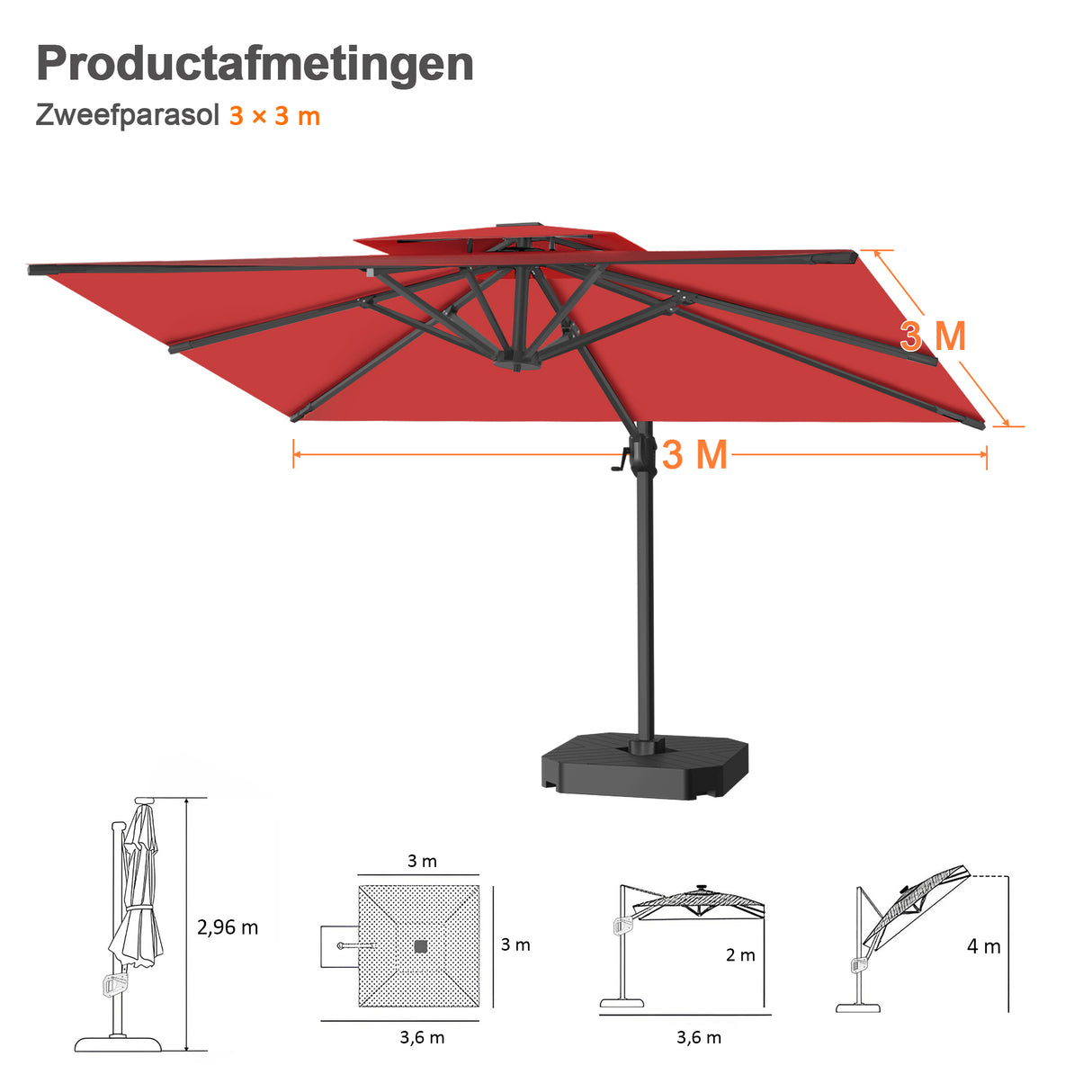 Patioslife Aegis Pro™ Cantilever Parasol met Kruisvoet — Robuust Frame en Poedergecoat Aluminium Paal voor Tuin en Terras