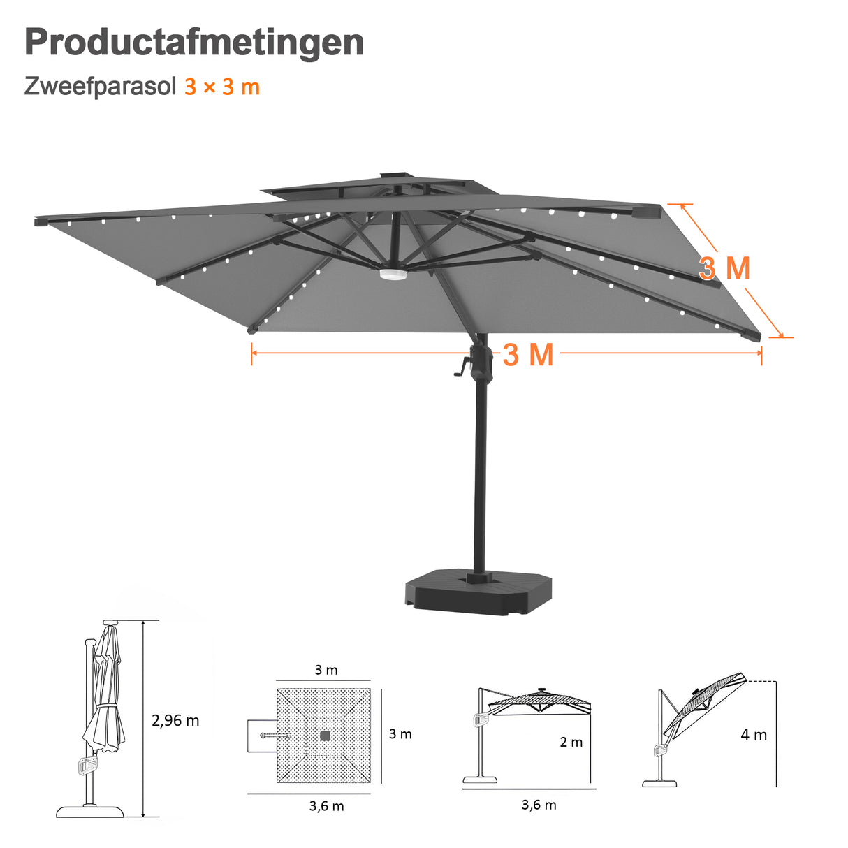 Patioslife Aegis Pro Cantilever Parasol met LED Verlichting, Versterkte Aluminium Ribben en Paal met Poedercoating — Perfect voor Tuin en Patio