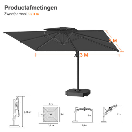 Patioslife Aegis Pro™ Cantilever Parasol met Kruisvoet — Robuust Frame en Poedergecoat Aluminium Paal voor Tuin en Terras