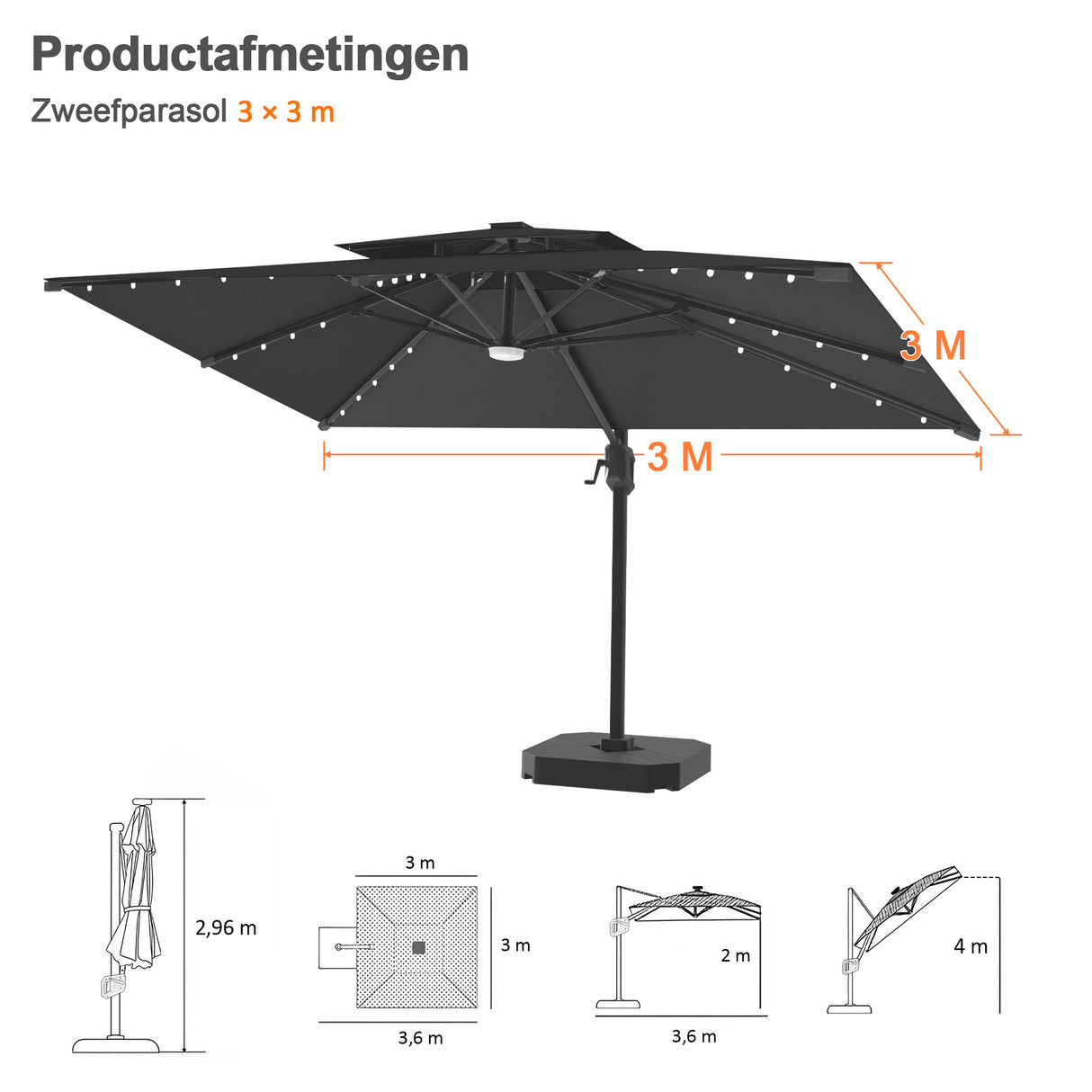 Patioslife Aegis Pro Cantilever Parasol met LED Verlichting, Versterkte Aluminium Ribben en Paal met Poedercoating — Perfect voor Tuin en Patio