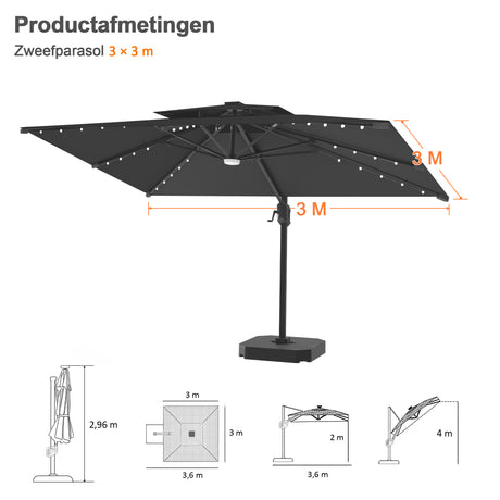 Patioslife Aegis Pro Cantilever Parasol met LED Verlichting, Versterkte Aluminium Ribben en Paal met Poedercoating — Perfect voor Tuin en Patio