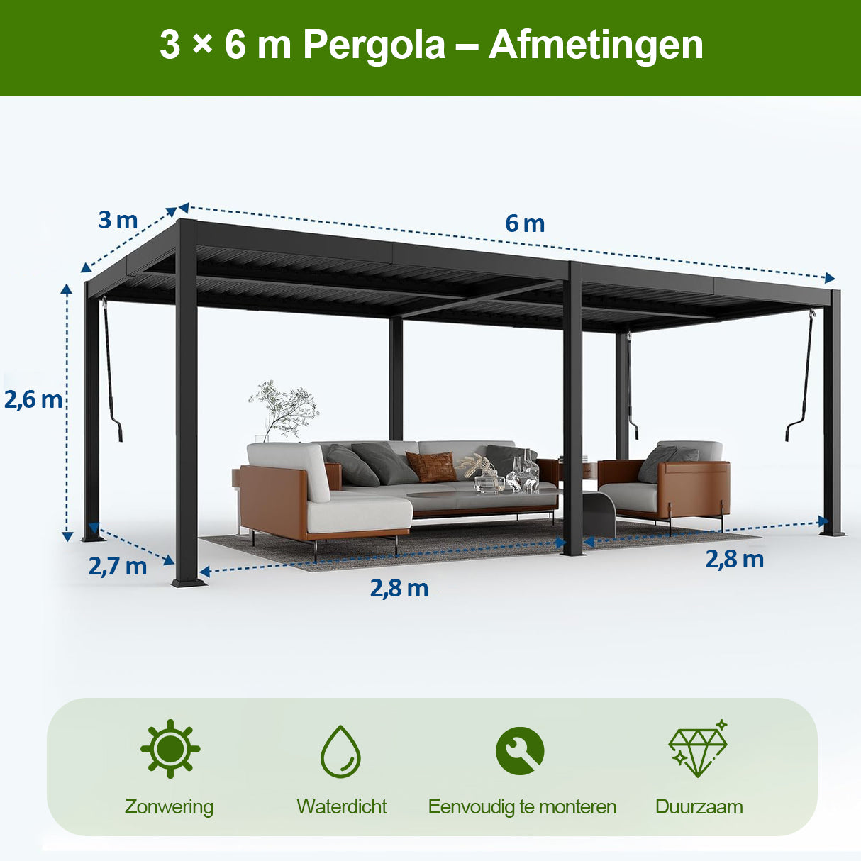 Patioslife Atlantic™ | Aluminium Lamel Pergola met Verstelbaar Dak en LED Verlichting, Vrijstaande Buiten Shelter voor Patio, Terras en Zwembad