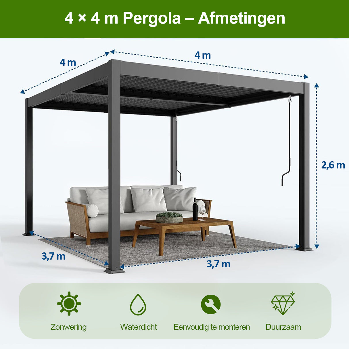 Patioslife Atlantic™ | Aluminium Lamel Pergola met Verstelbaar Dak en LED Verlichting, Vrijstaande Buiten Shelter voor Patio, Terras en Zwembad