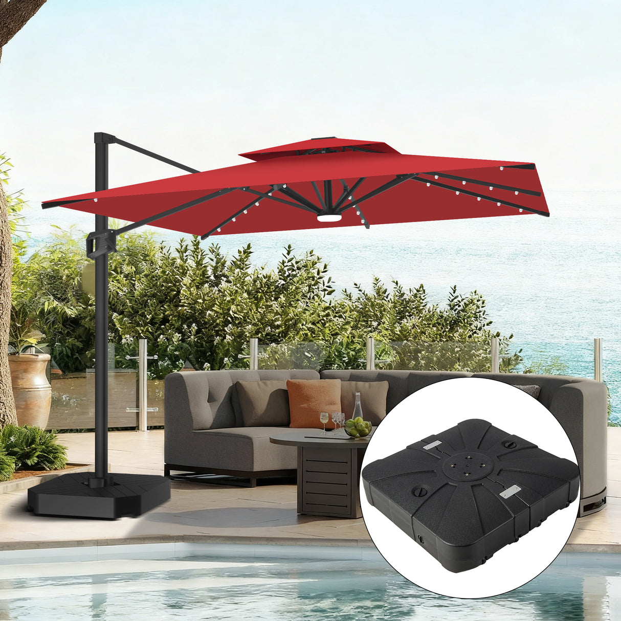 Patioslife Aegis Pro Cantilever Parasol met LED Verlichting, Versterkte Aluminium Ribben en Paal met Poedercoating — Perfect voor Tuin en Patio