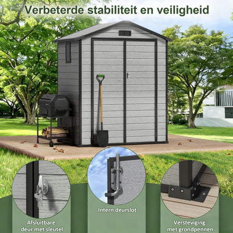 Patioslife YardVault Outdoor Opslagschuur met Vloer, Weerbestendige Waterdichte Plastic Tuinschuur van Hars met Slot en Raam voor de Tuin, Zware Opslagschuur voor Gereedschap, Fietsen & Tuinapparatuur