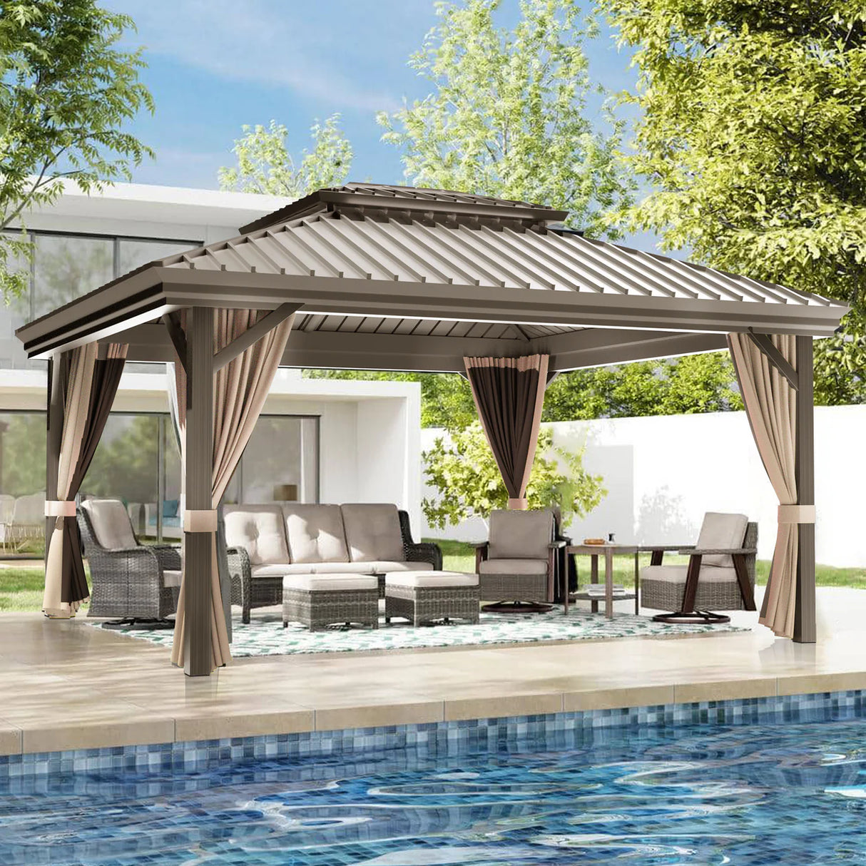 Patioslife Luxury Haven Hardtop Pergola met Afvoergoten, 120×120 mm Aluminium Palen, Dubbel Geventileerd Dak en Gordijnen | Populairste Keuze voor Tuin of Achtertuin