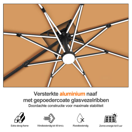 Patioslife Aegis Premium Cantilever Parasol met LED Verlichting, Glasvezel Ribs, Poedercoating Aluminium Stok & Beschermhoes — Luxe Tuin- en Terrasschaduw