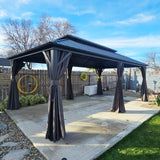 Patioslife Haven，Gazebo，Hardtop，Aluminum Frame，Ventilated Roof，Curtains，Brown Finish，Outdoor Shelter，Backyard Pergola，Garden Pavilion，Outdoor Entertaining，Weatherproof，Sunshade & Rain Protection，Modern Outdoor Furniture，Luxury Patio Structure，Contemporary Design，Premium Outdoor Living
