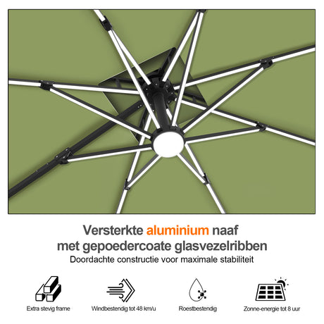 Patioslife Aegis Premium Cantilever Parasol met LED Verlichting, Glasvezel Ribs, Poedercoating Aluminium Stok & Beschermhoes — Luxe Tuin- en Terrasschaduw