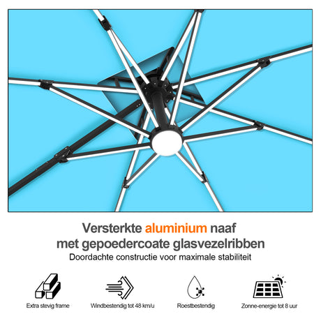 Patioslife Aegis Premium Cantilever Parasol met LED Verlichting, Glasvezel Ribs, Poedercoating Aluminium Stok & Beschermhoes — Luxe Tuin- en Terrasschaduw