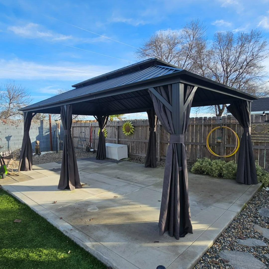 Patioslife Haven，Gazebo，Hardtop，Aluminum Frame，Ventilated Roof，Curtains，Brown Finish，Outdoor Shelter，Backyard Pergola，Garden Pavilion，Outdoor Entertaining，Weatherproof，Sunshade & Rain Protection，Modern Outdoor Furniture，Luxury Patio Structure，Contemporary Design，Premium Outdoor Living
