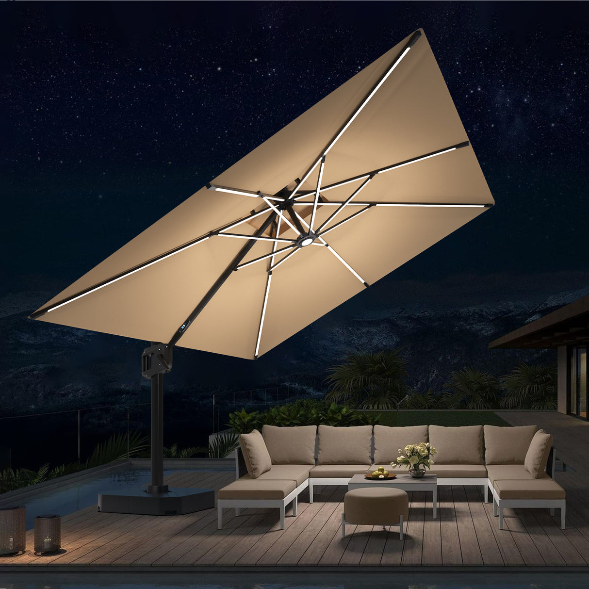 Patioslife Aegis Premium Zweefparasol – 360° Draaibaar met LED-Verlichting – Gepoedercoat Aluminium Frame – Glasvezel Baleinen – Tuin & Terras