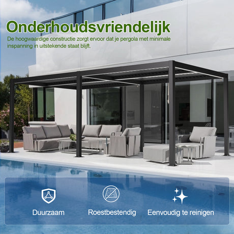 Patioslife Atlantic™ | Aluminium Lamel Pergola met Verstelbaar Dak en LED Verlichting, Vrijstaande Buiten Shelter voor Patio, Terras en Zwembad