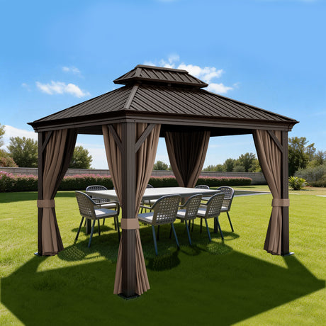Hardtop Tuinpaviljoen - Luxe Houtnerf Design - Patioslife Luxury Haven - Incl. Afvoergoten & Gordijnen - 120x120mm Aluminium Palen - 100% Weerbestendig - Voor Tuin & Achtertuin