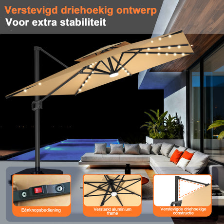 Patioslife Aegis Pro Cantilever Parasol met LED Verlichting, Versterkte Aluminium Ribben en Paal met Poedercoating — Perfect voor Tuin en Patio
