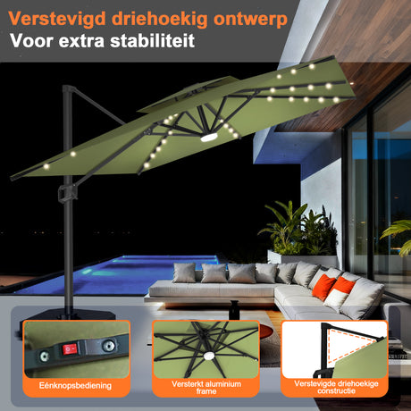 Patioslife Aegis Pro Cantilever Parasol met LED Verlichting, Versterkte Aluminium Ribben en Paal met Poedercoating — Perfect voor Tuin en Patio