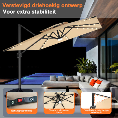 Patioslife Aegis Pro Cantilever Parasol met LED Verlichting, Versterkte Aluminium Ribben en Paal met Poedercoating — Perfect voor Tuin en Patio