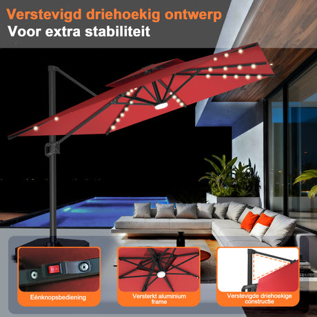 Patioslife Aegis Pro Cantilever Parasol met LED Verlichting, Versterkte Aluminium Ribben en Paal met Poedercoating — Perfect voor Tuin en Patio