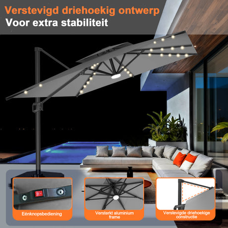 Patioslife Aegis Pro Cantilever Parasol met LED Verlichting, Versterkte Aluminium Ribben en Paal met Poedercoating — Perfect voor Tuin en Patio