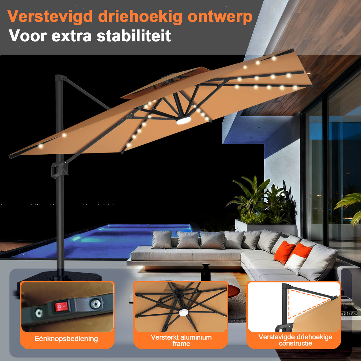 Patioslife Aegis Pro Cantilever Parasol met LED Verlichting, Versterkte Aluminium Ribben en Paal met Poedercoating — Perfect voor Tuin en Patio