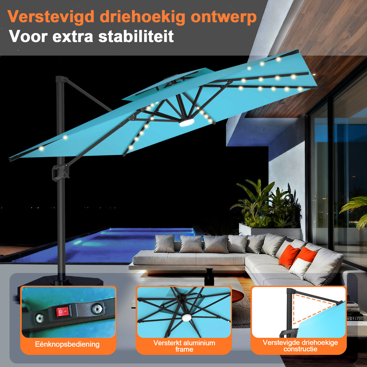 Patioslife Aegis Pro Cantilever Parasol met LED Verlichting, Versterkte Aluminium Ribben en Paal met Poedercoating — Perfect voor Tuin en Patio