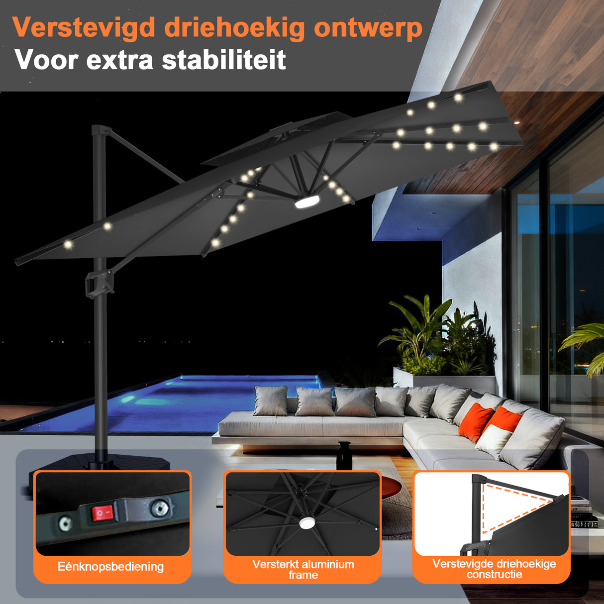 Patioslife Aegis Pro Cantilever Parasol met LED Verlichting, Versterkte Aluminium Ribben en Paal met Poedercoating — Perfect voor Tuin en Patio